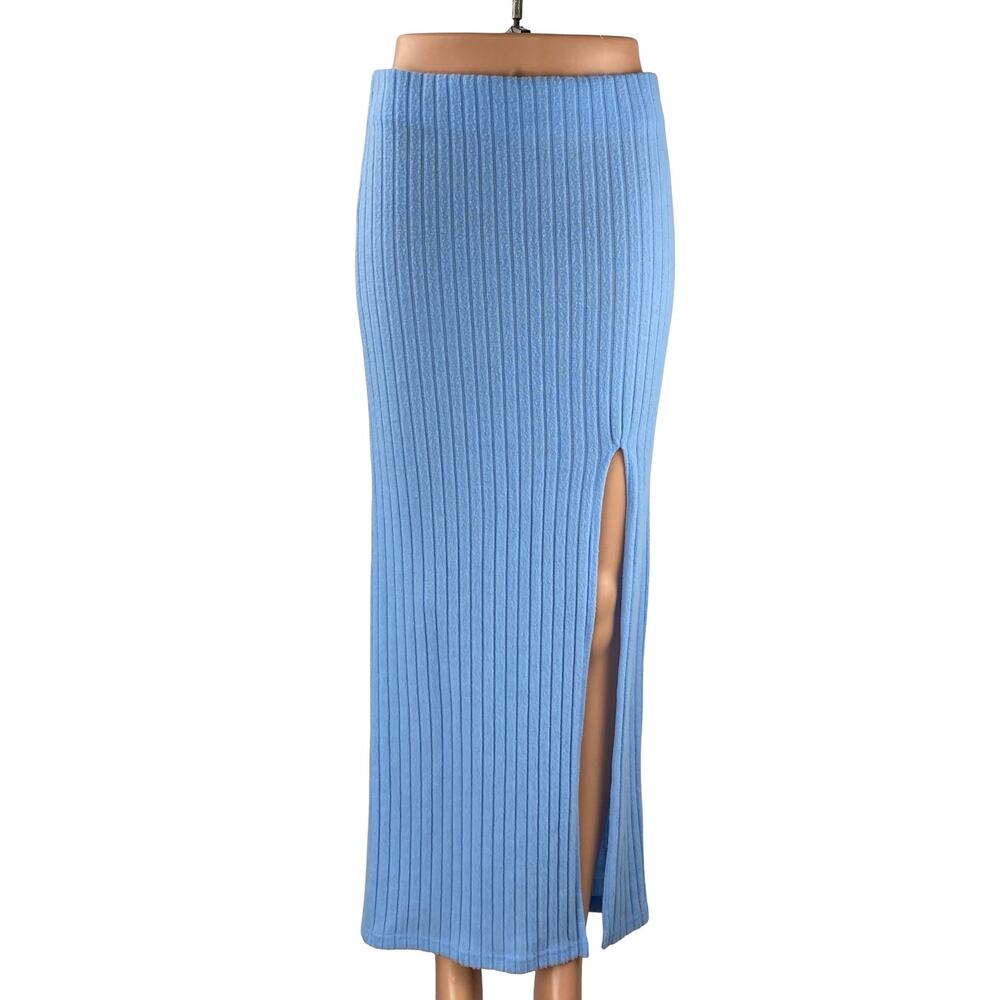 Out from Under Bounce Plush Suki Blue Ribbed Slit Maxi Straight Pencil Skirt S